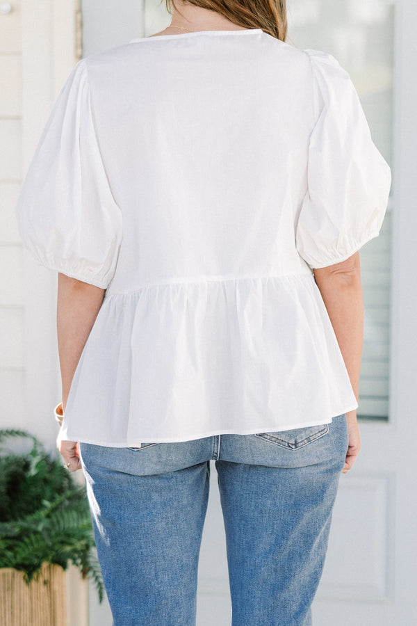Chic Soul plus size clothing, white three bow tie babydoll top with puff sleeves