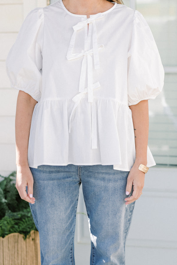 Chic Soul plus size clothing, white three bow tie babydoll top with puff sleeves