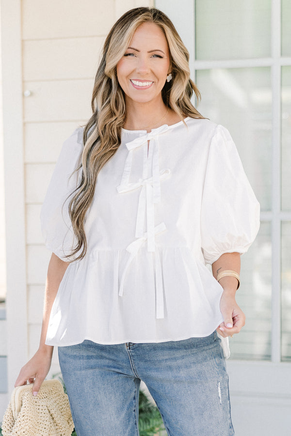 Chic Soul plus size clothing, white three bow tie babydoll top with puff sleeves
