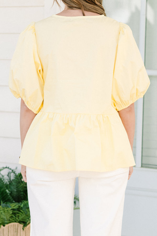 Chic Soul plus size clothing, yellow three bow tie babydoll top with puff sleeves