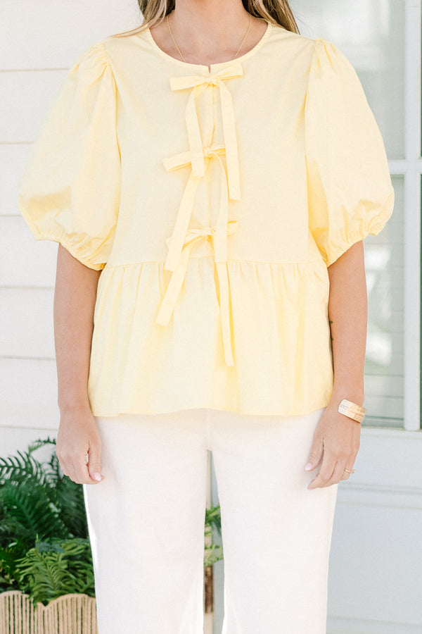 Chic Soul plus size clothing, yellow three bow tie babydoll top with puff sleeves