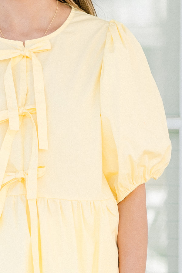 Chic Soul plus size clothing, yellow three bow tie babydoll top with puff sleeves