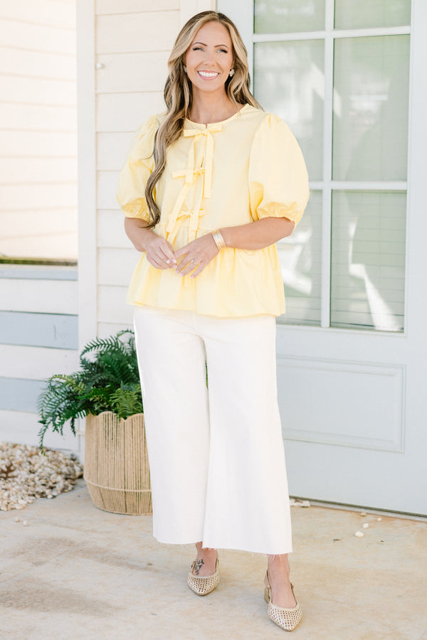 Chic Soul plus size clothing, yellow three bow tie babydoll top with puff sleeves