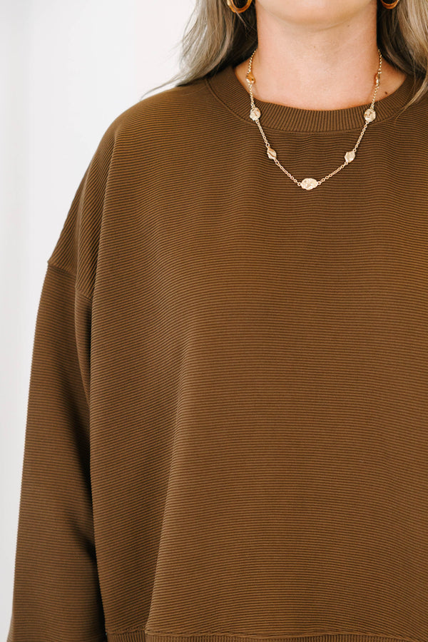 Plus size clothing, brown long sleeve set with long pants and ribbed texture