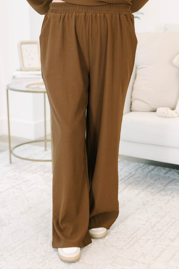 Plus size clothing, brown long sleeve set with long pants and ribbed texture