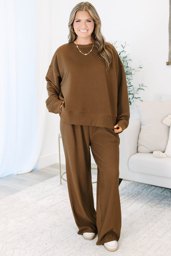 Plus size clothing, brown long sleeve set with long pants and ribbed texture