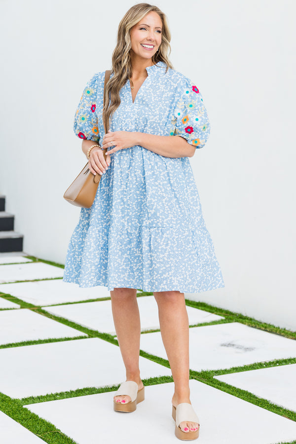 Plus Size blue ditsy floral dress with embroidered puff sleeves and a split v-neckline.