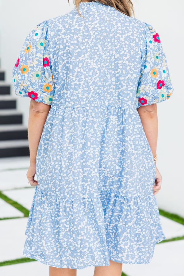 Plus Size blue ditsy floral dress with embroidered puff sleeves and a split v-neckline.