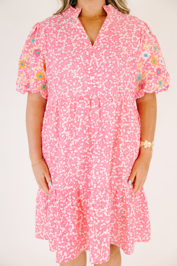 Chic Soul plus size clothing, pink knee length dress with bubble sleeves that have a multi color floral pattern throughout as well as a floral pattern throughout the dress and a slight v-neckline