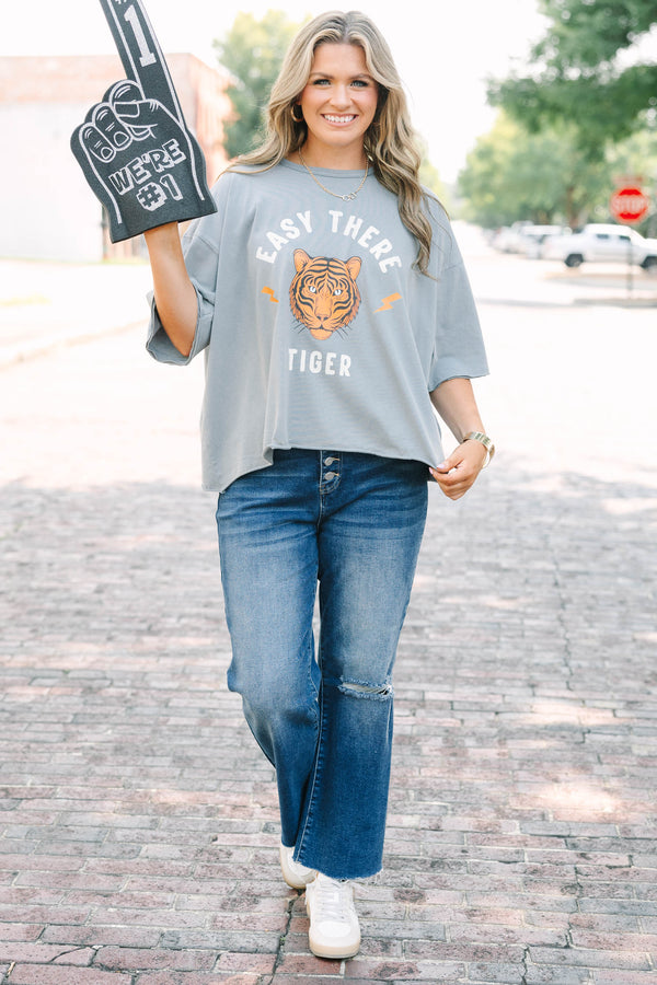 Plus Size steel gray vintage wash tee with Easy There Tiger graphic and raw unfinished hems.