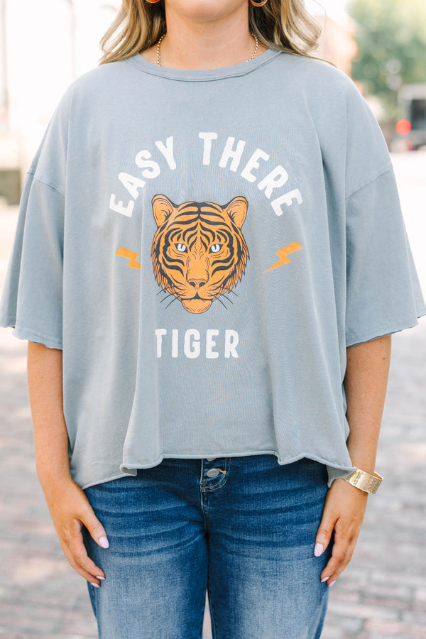 Plus Size steel gray vintage wash tee with Easy There Tiger graphic and raw unfinished hems.