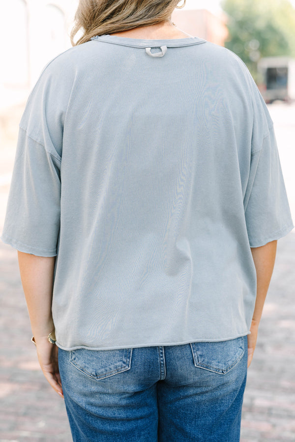 Plus Size steel gray vintage wash tee with Easy There Tiger graphic and raw unfinished hems.