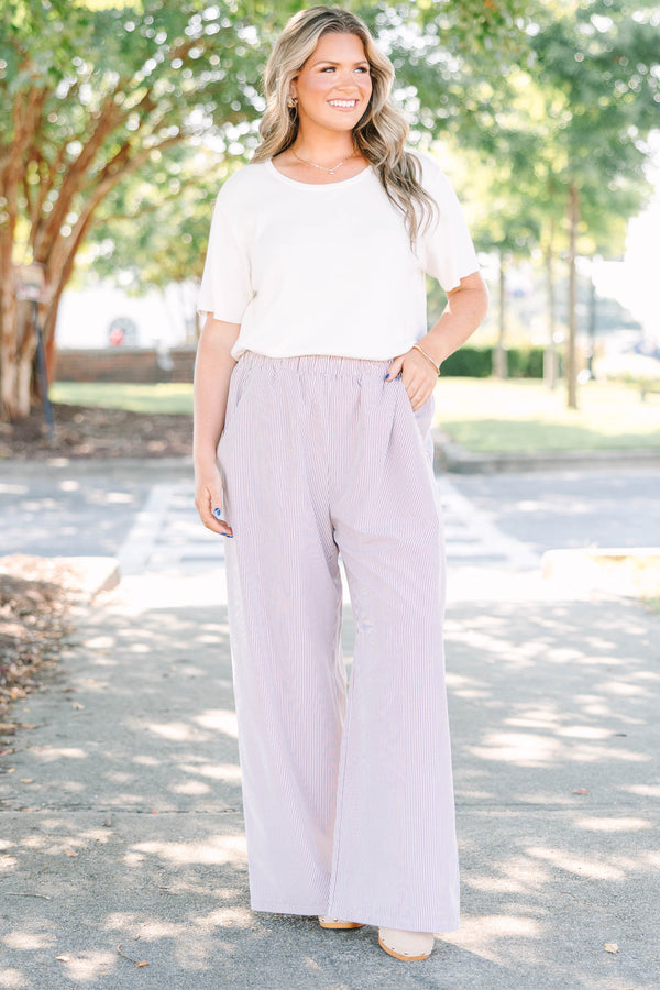 Plus Size wide-leg pants in a brown and white vertical stripe pattern with an elastic waistband.