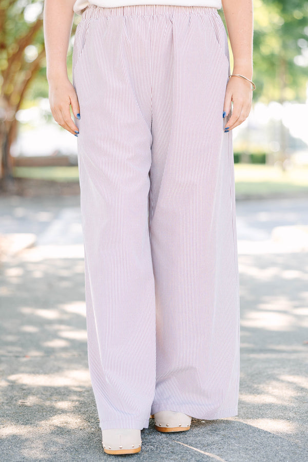 Plus Size wide-leg pants in a brown and white vertical stripe pattern with an elastic waistband.