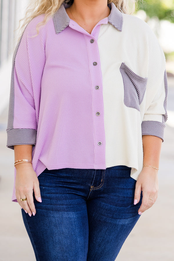 Plus Size lavender colorblock button-down top with ribbed texture and dark wash jeans.