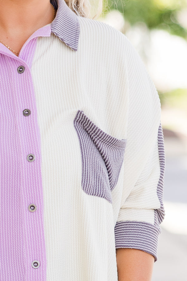 Plus Size lavender colorblock button-down top with ribbed texture and dark wash jeans.