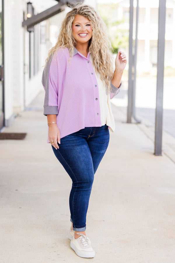 Plus Size lavender colorblock button-down top with ribbed texture and dark wash jeans.