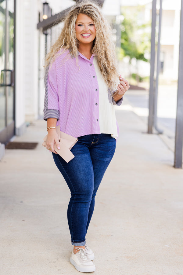 Plus Size lavender colorblock button-down top with ribbed texture and dark wash jeans.