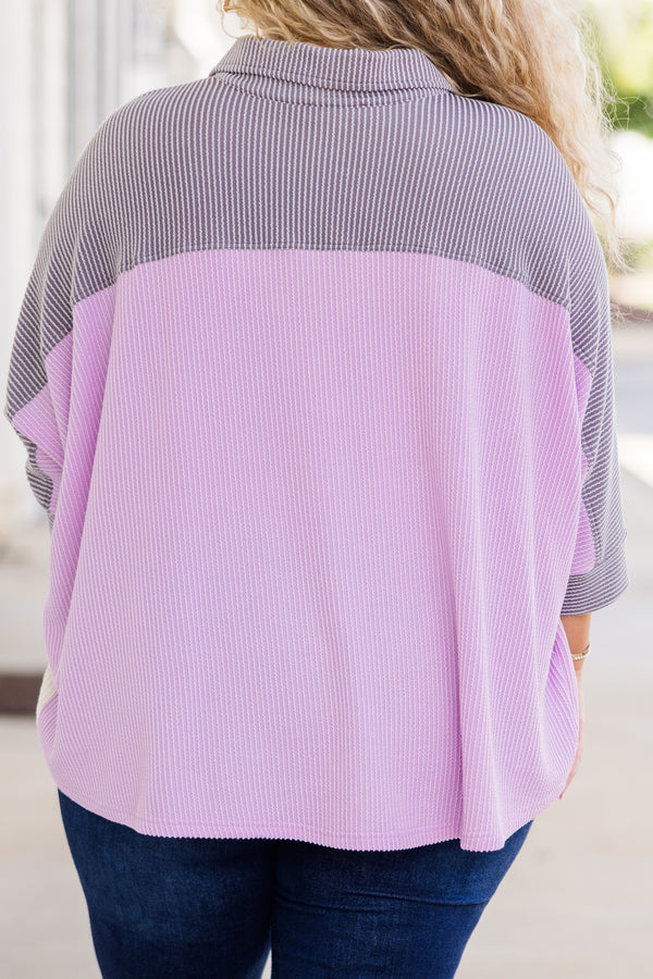 Plus Size lavender colorblock button-down top with ribbed texture and dark wash jeans.