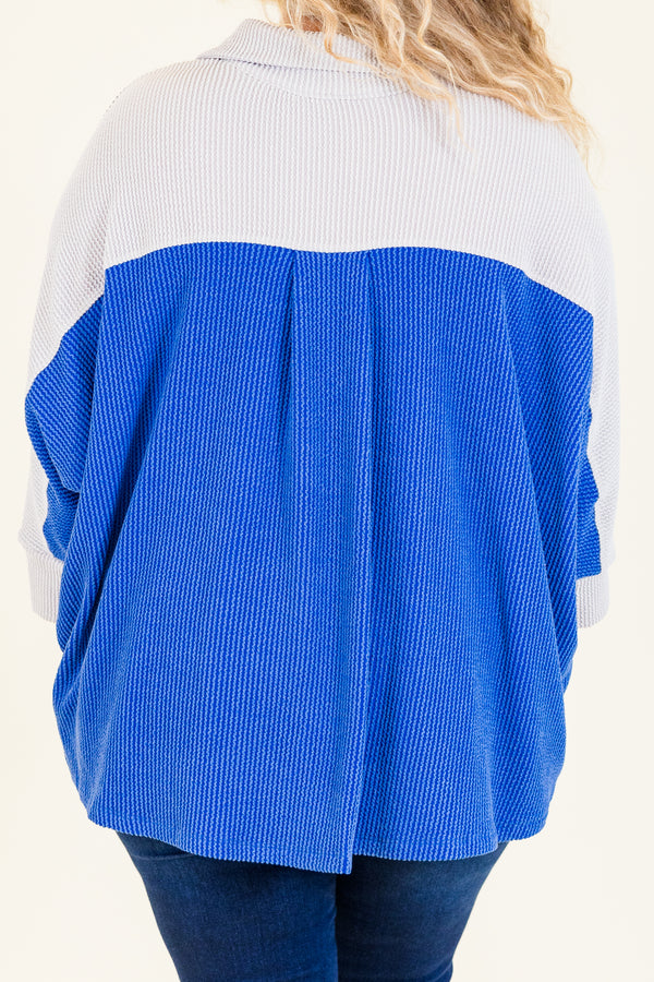 Chic Soul plus size clothing, slate blue colorblock button up ribbed top with three quarter length sleeves with collar detail and cuff sleeves