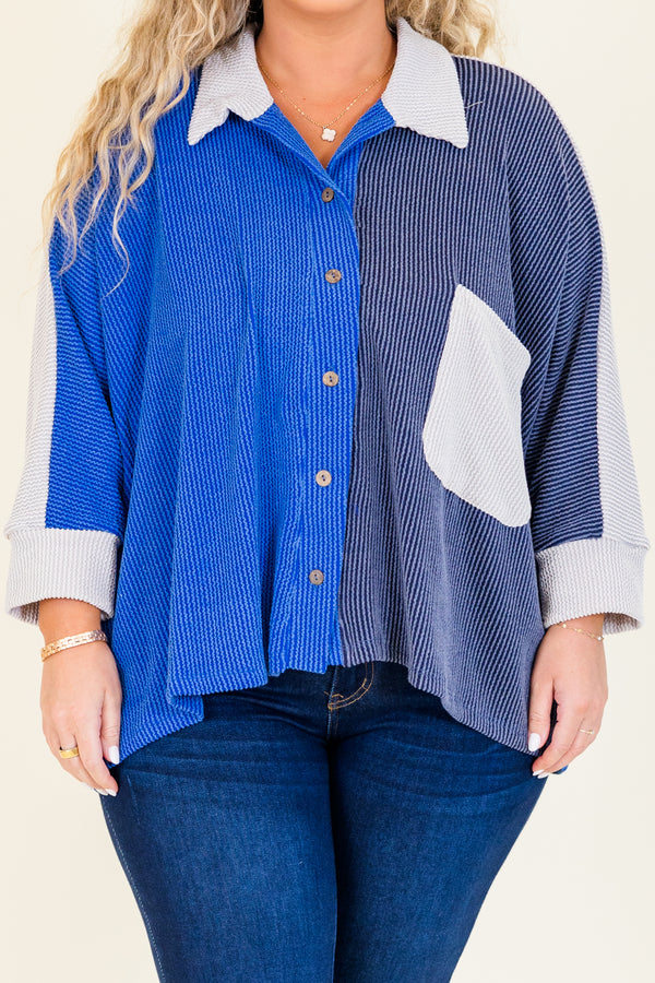 Chic Soul plus size clothing, slate blue colorblock button up ribbed top with three quarter length sleeves with collar detail and cuff sleeves
