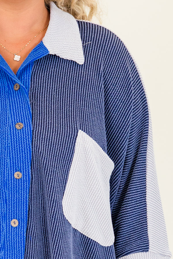 Chic Soul plus size clothing, slate blue colorblock button up ribbed top with three quarter length sleeves with collar detail and cuff sleeves
