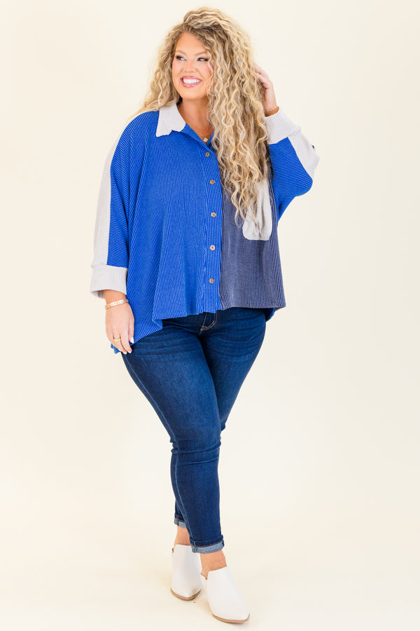 Chic Soul plus size clothing, slate blue colorblock button up ribbed top with three quarter length sleeves with collar detail and cuff sleeves
