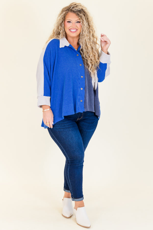 Chic Soul plus size clothing, slate blue colorblock button up ribbed top with three quarter length sleeves with collar detail and cuff sleeves