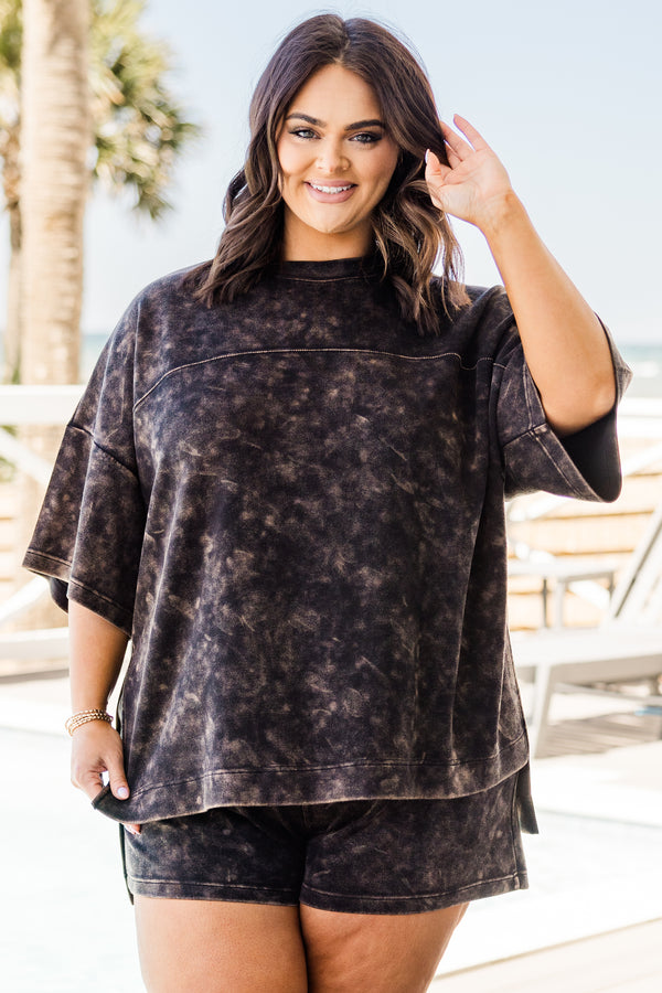 Plus Size black acid wash top with a crew neck, drop shoulders, and short sleeves.