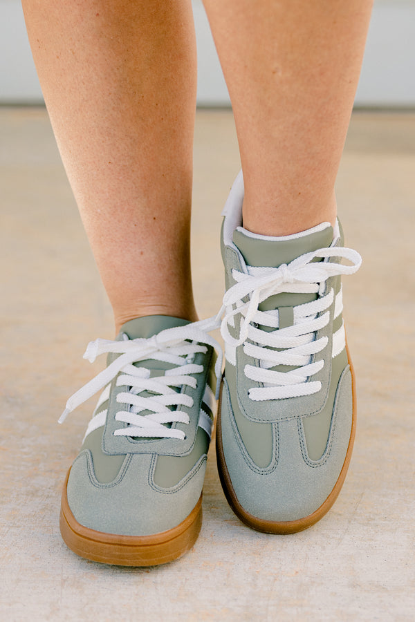 Chic Soul plus size clothing, sage green sneakers with two white stripes on sides and camel colored sole