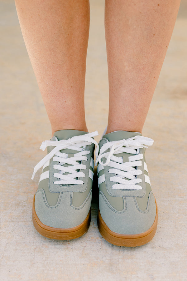 Chic Soul plus size clothing, sage green sneakers with two white stripes on sides and camel colored sole