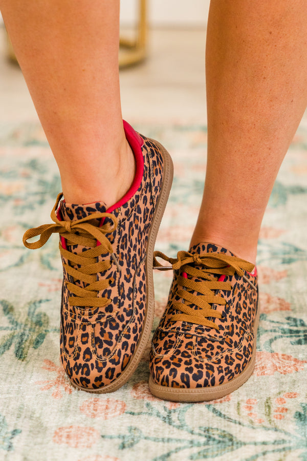 Chic Soul plus size clothing, brown leopard print sneakers with brown gum sole and brown laces with red detailing on the interior of the shoe