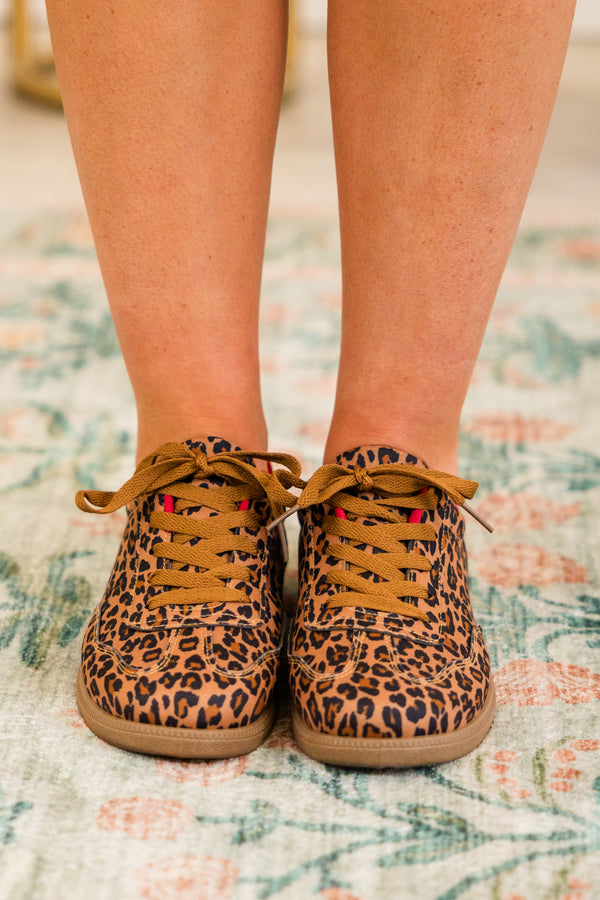 Chic Soul plus size clothing, brown leopard print sneakers with brown gum sole and brown laces with red detailing on the interior of the shoe