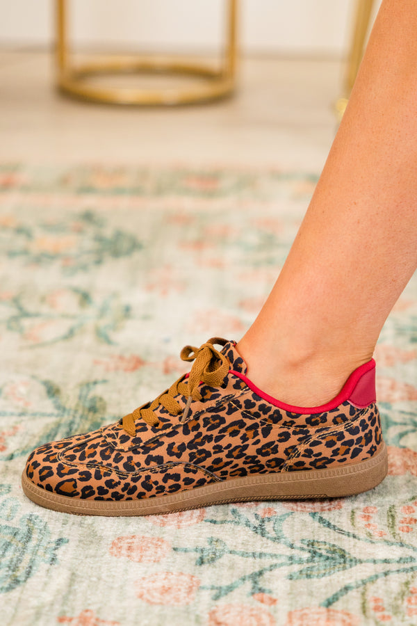 Chic Soul plus size clothing, brown leopard print sneakers with brown gum sole and brown laces with red detailing on the interior of the shoe