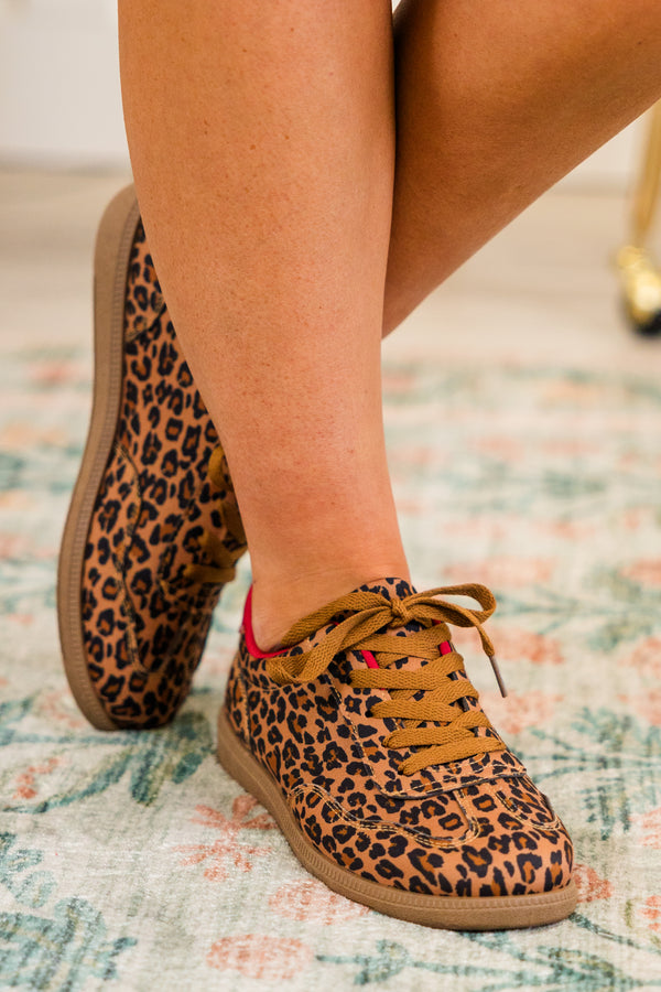 Chic Soul plus size clothing, brown leopard print sneakers with brown gum sole and brown laces with red detailing on the interior of the shoe