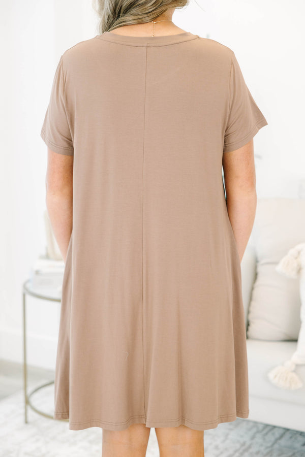 Plus size flowy brown Effortless Energy t-shirt dress with a relaxed fit and soft rayon fabric.