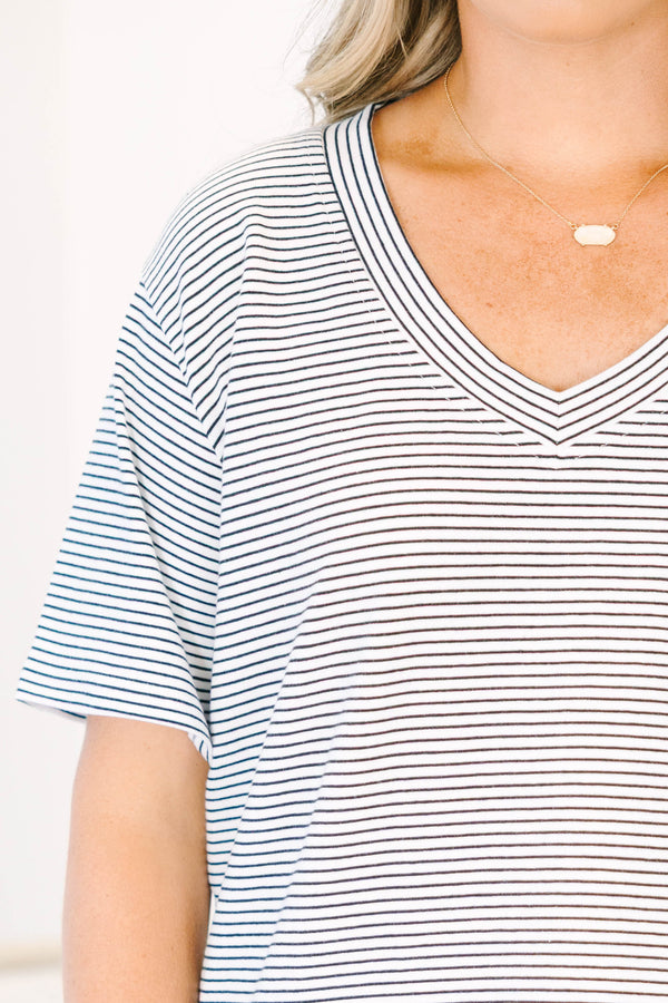 Plus Size relaxed v-neck short sleeve tee in a black and white horizontal stripe pattern.