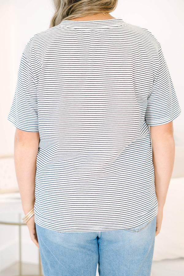 Plus Size relaxed v-neck short sleeve tee in a black and white horizontal stripe pattern.