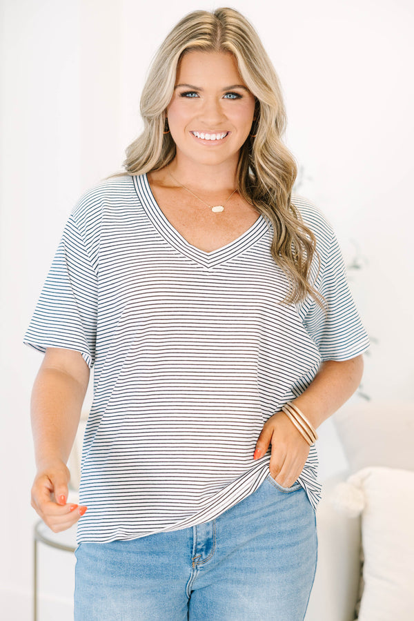 Plus Size relaxed v-neck short sleeve tee in a black and white horizontal stripe pattern.