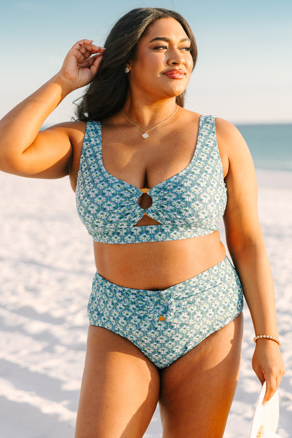 Chic Soul plus size clothing, square neck swim top with a palm leaf pattern throughout along a round cut out in the center of the chest area 