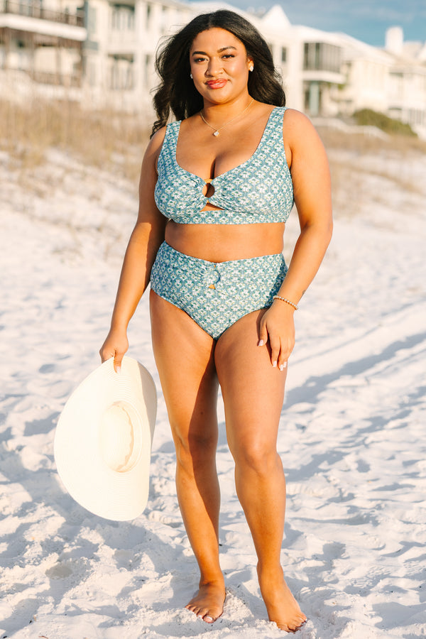 Chic Soul plus size clothing, high waisted palm leaf swim bottoms with belted overlay and a round belt loop in the center of the bottoms 