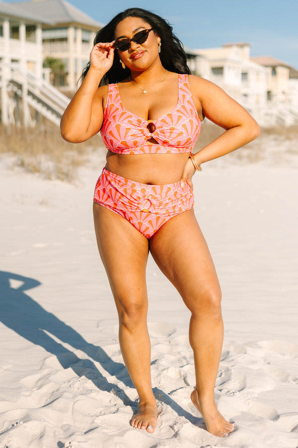 Chic Soul plus size clothing, pink and orange scallop geo print bikini bottoms with wrap waist meeting in the middle with a circular ring