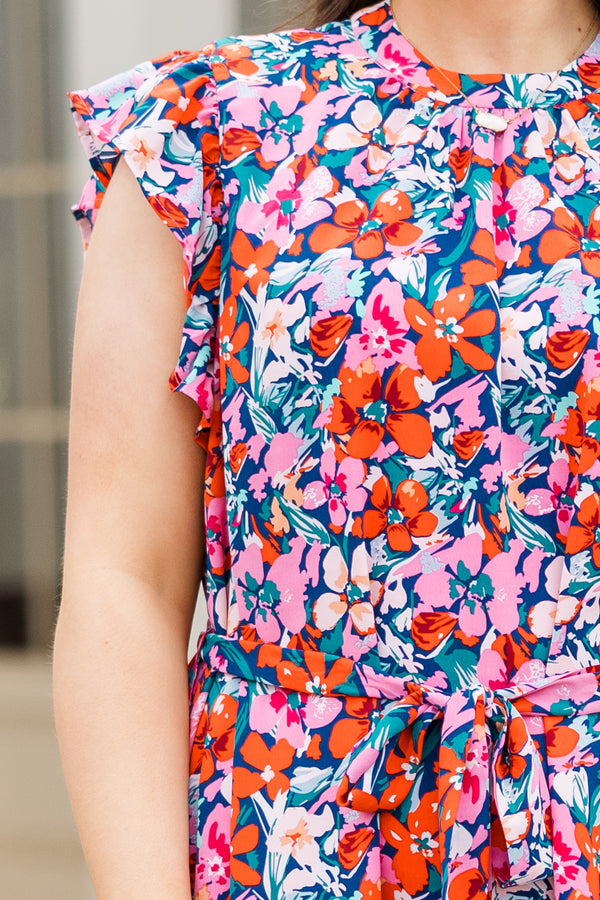 Chic Soul plus size clothing, pink floral sleeveless midi dress with tie waist detail and ruffle sleeves