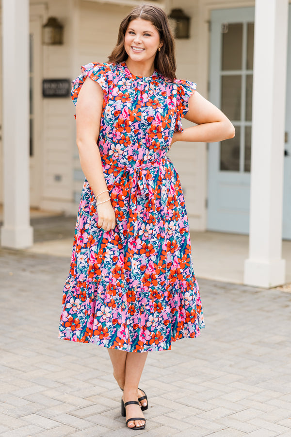 Chic Soul plus size clothing, pink floral sleeveless midi dress with tie waist detail and ruffle sleeves