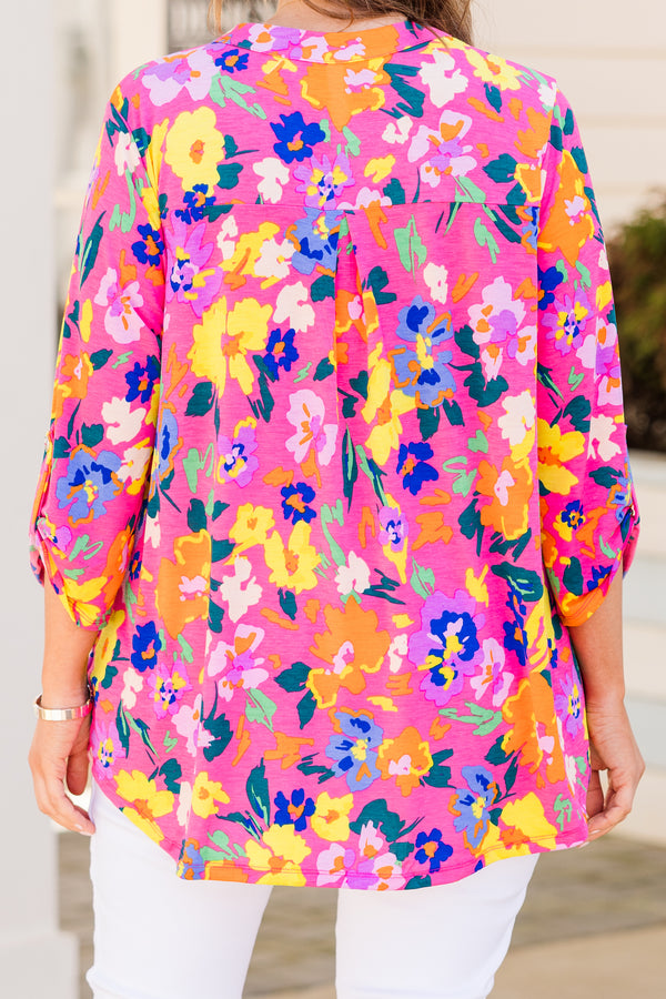 Chic Soul plus size clothing, hot pink long sleeve top with multi floral design with v cutout on neckline