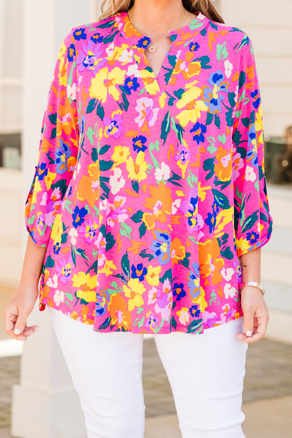Chic Soul plus size clothing, hot pink long sleeve top with multi floral design with v cutout on neckline
