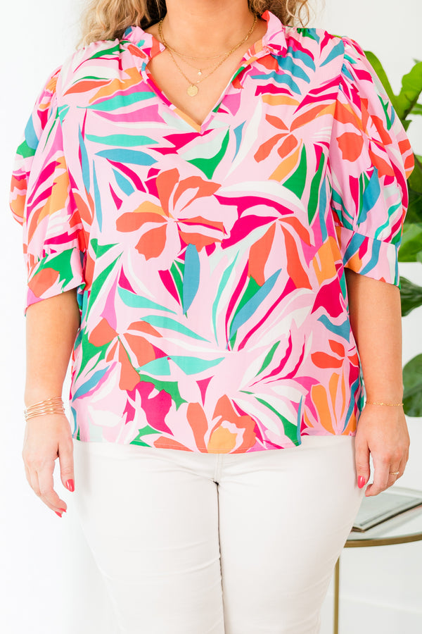 Chic Soul plus size clothing, pink multi tropical print top with three quarter length sleeves