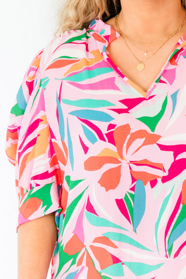 Chic Soul plus size clothing, pink multi tropical print top with three quarter length sleeves