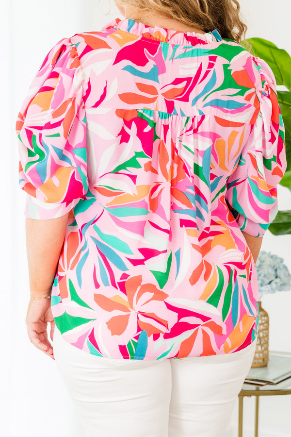 Chic Soul plus size clothing, pink multi tropical print top with three quarter length sleeves