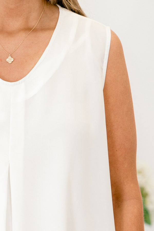 Chic Soul plus size clothing, white sleeveless tank top with round scoop neckline with pleated detail in the front